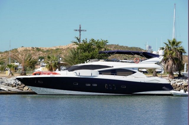Motor yacht moored at the Puerto Los Cabos marina